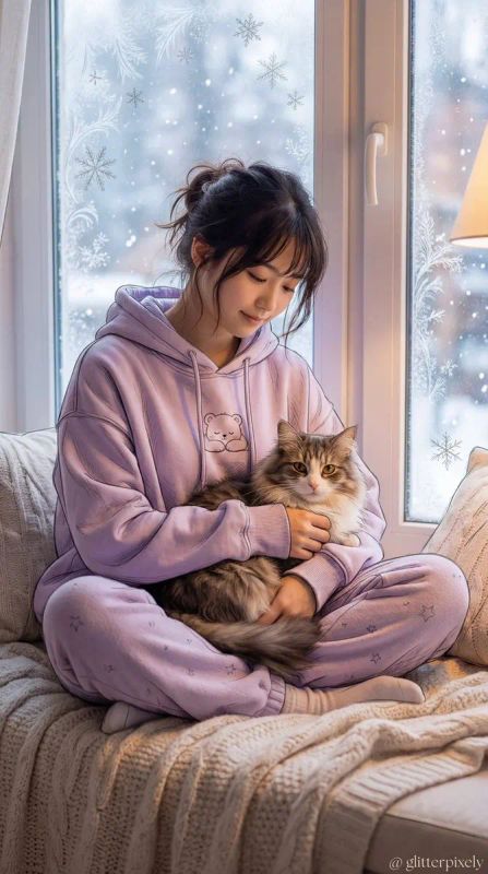 ✨ Зимнее тепло: девочка и котик
