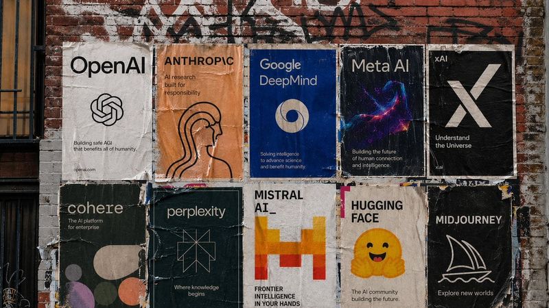 ✨ Постеры ИИ-лабораторий на кирпичной стене