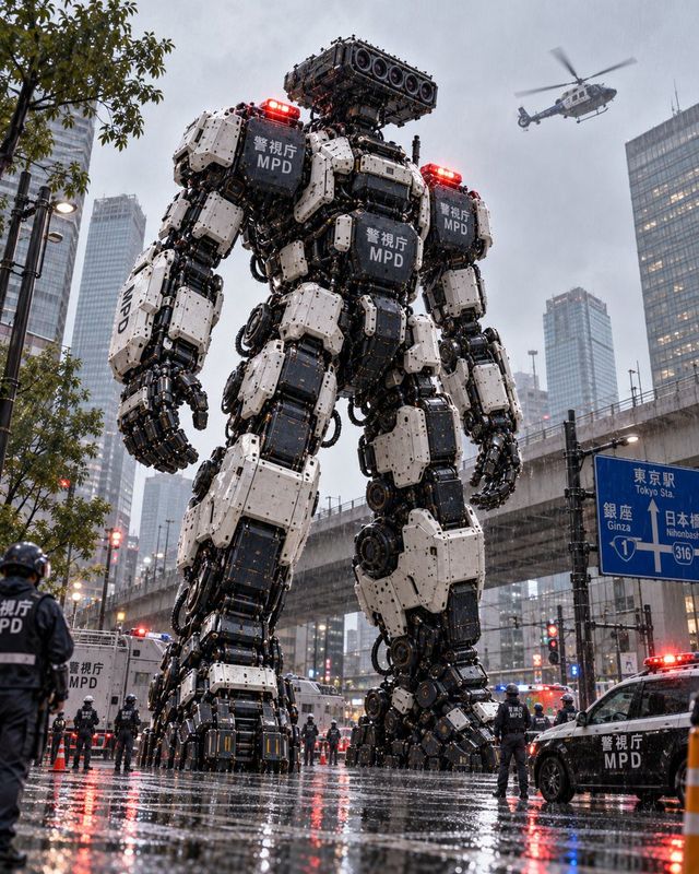 ✨ A colossal, bipedal police robot towering