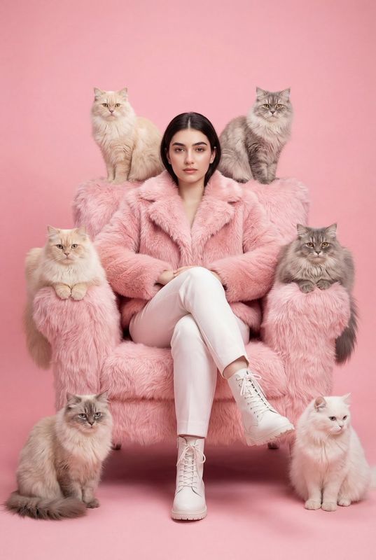 ✨ Роскошный портрет: леди, кошки, розовый рай