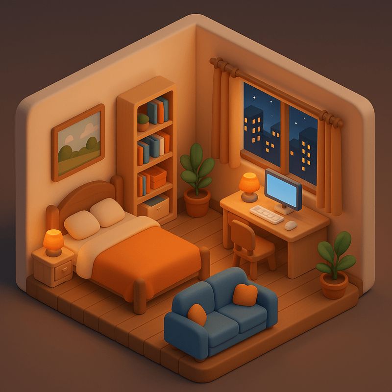 ✨ Уютная спальня: 3D-стиль, изометрия, ночь.
