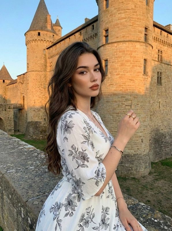 ✨ Женщина в белом платье у крепости